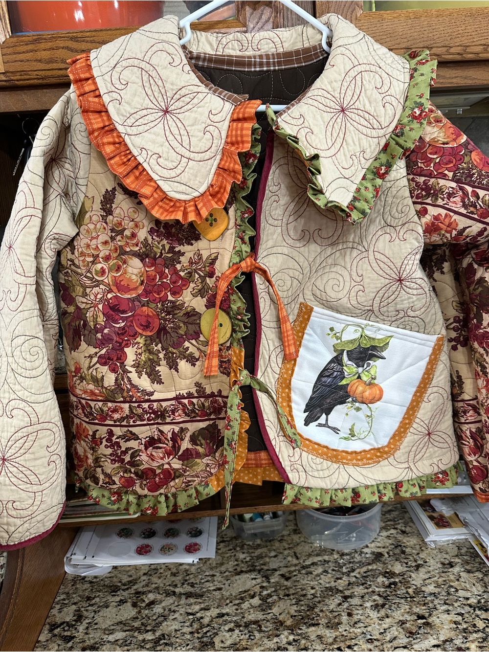 Womens Quilted Patchwork Jean Jacket — Beige & Orange Harvest Floral